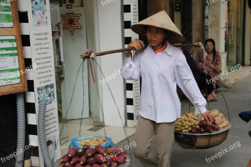 Woman Wear Baskets Street Scene Hanoi Vietnam