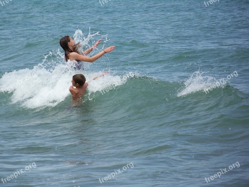 Beach Waves Water Children Splash