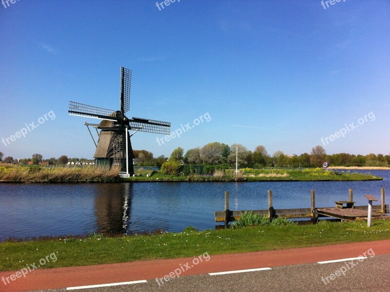 Windmill Canal Countryside Traditional Holland