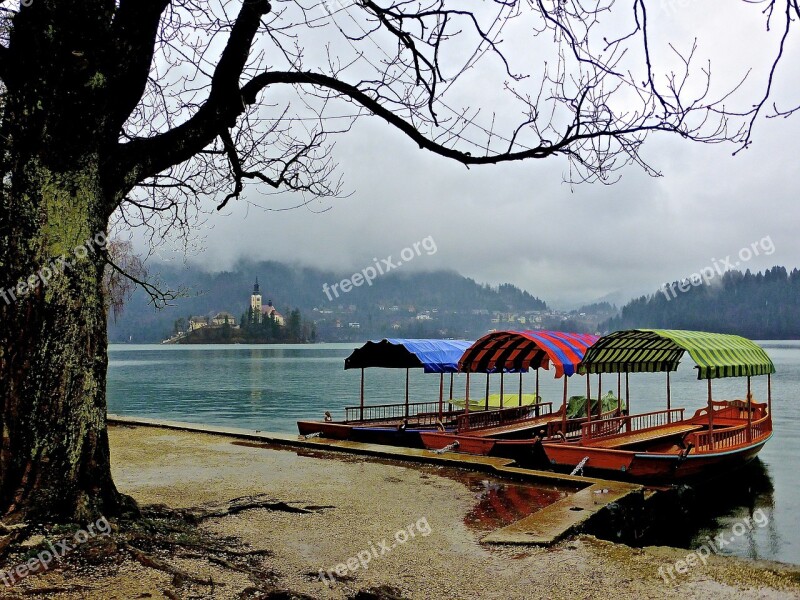 Boats Bled Slovenia Church Scenery