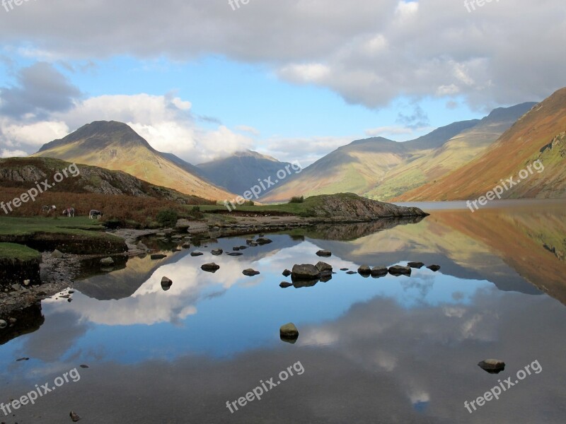 Mountains Lake District Uk Water Rocks