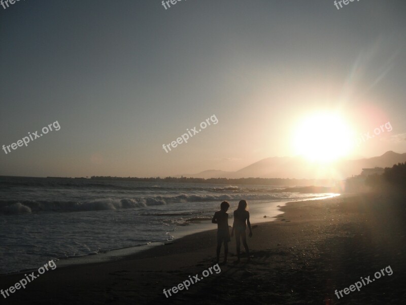 Children Summer Sea Wave Sunset