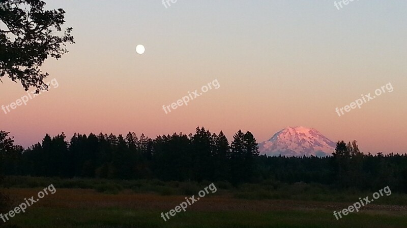 Mount Rainier Full Moon Trees Sunset Mountain