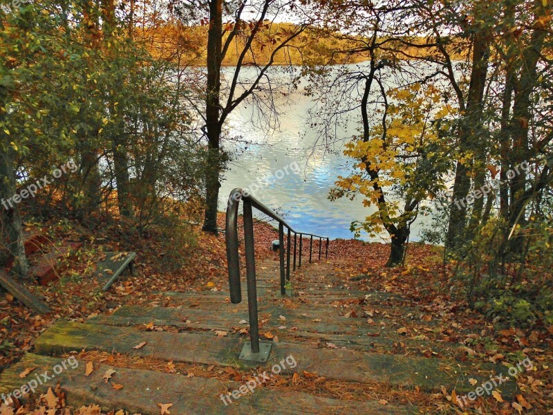 Lake Bank Stairs Idyllic Autumn