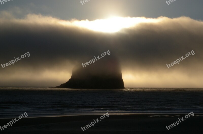 Haystack Rock Pacific Coast Oregon Sunset Mist