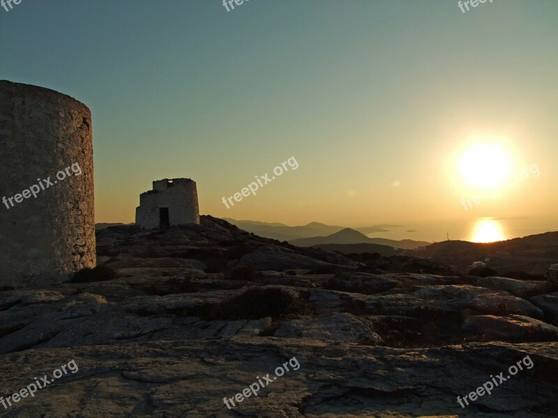 Greece Mills Ruins Tower Backlighting