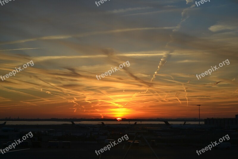 Sunset Airport Travel Trip Chemtrails