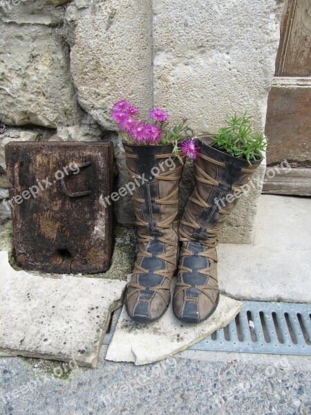 Boots Flowers Plants Stones Wall