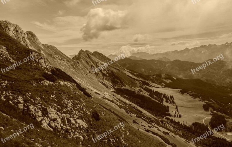 Mountain Mountain Range Sepia Image Clouds Sky