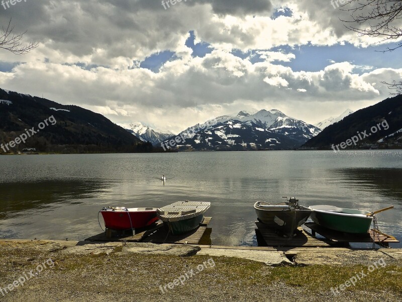 Lake Boats Mountains Sky Solitude