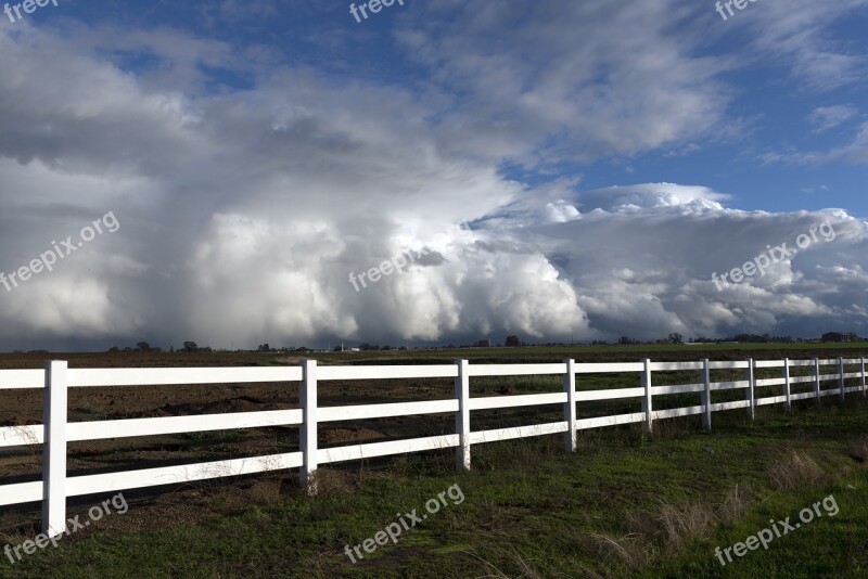 Rain Clouds White Fence Pasture Farm Rural