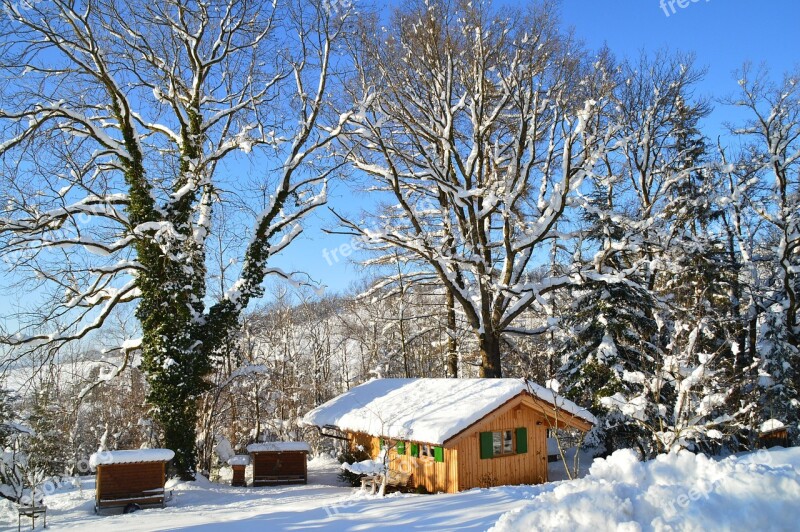 Winter Snow Hut Frost Trees