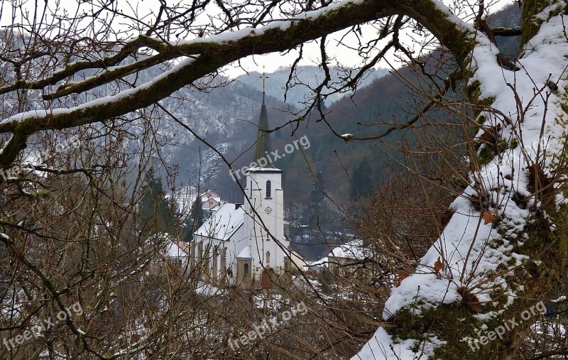 Winter Snow Church Hills Tree