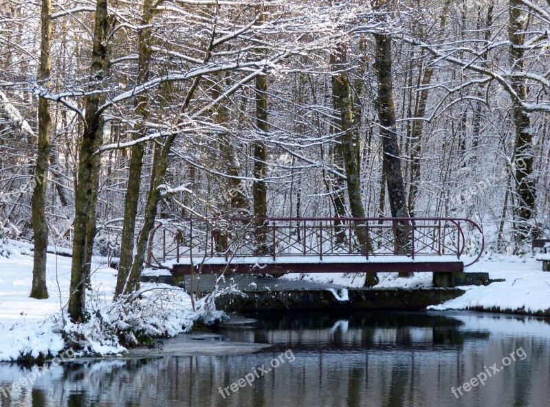 Winter Snow Trees Pond Bridge