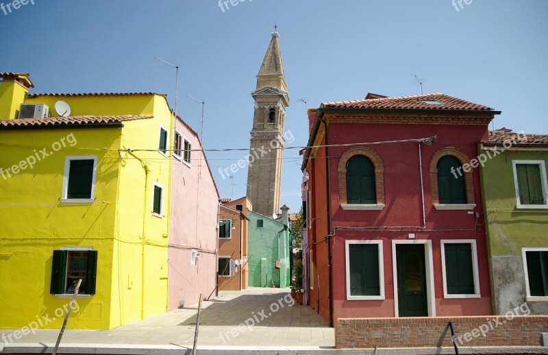 Italy Burano Island Colorful Houses Campanile Bell Tower