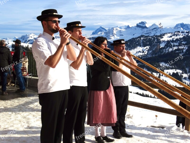 Alphorn Blowers Snow Mountains Folklore Free Photos