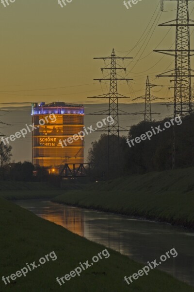 Night Gasometer River Emscher Strommast