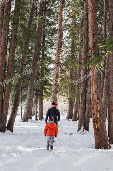 Father Daughter Walking Snow Hiking