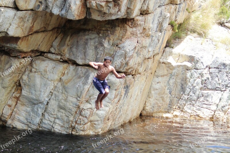 Rock Jump Children Courageous Water