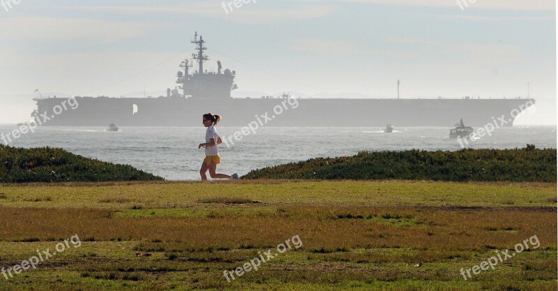 Female Jogger Aircraft Carrier Seaside Ocean Jogging