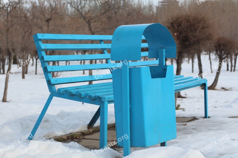 Bench Trash Blue Container Outdoor