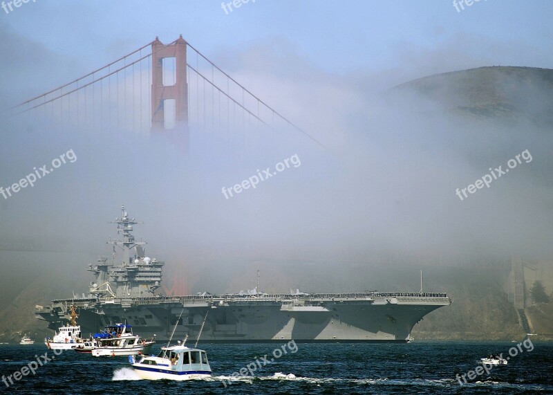 Aircraft Carrier Fog Small Boats Golden Gate Bridge Bay