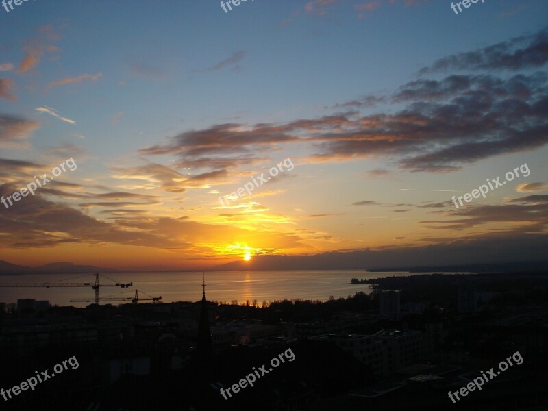 Lake Geneva Sunset Lausanne Switzerland Free Photos