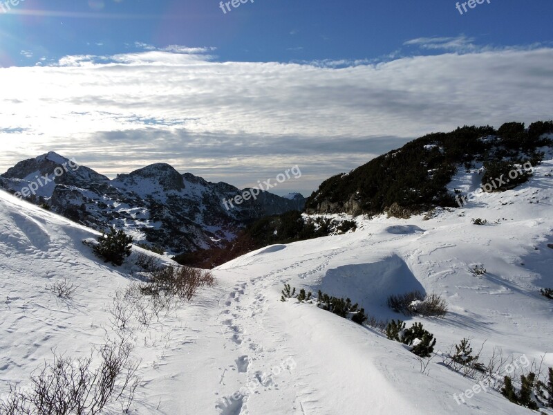 Trail Snow Footsteps Mountain Sky