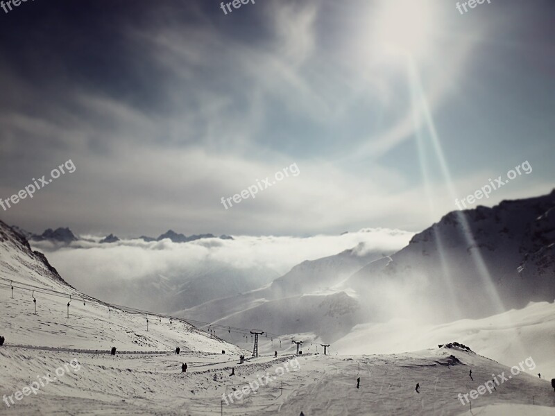 Skiing Slope Mountains Winter Snow