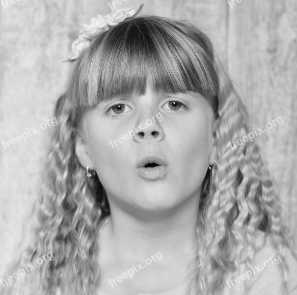 Child Girl Face View Black And White Recording