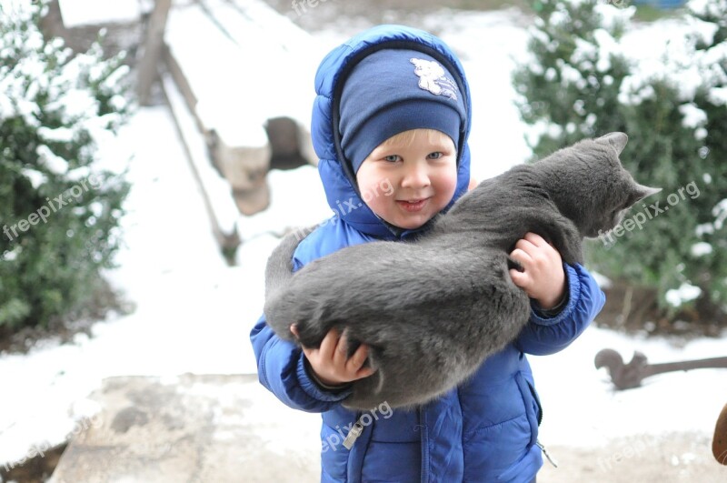 Small Child Kitten Winter Friendship Free Photos