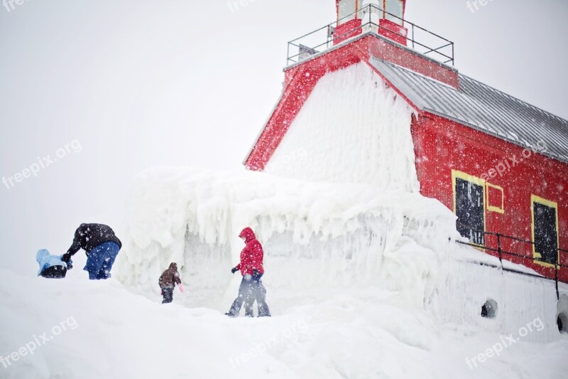 Lighthouse Red Michigan People Winter