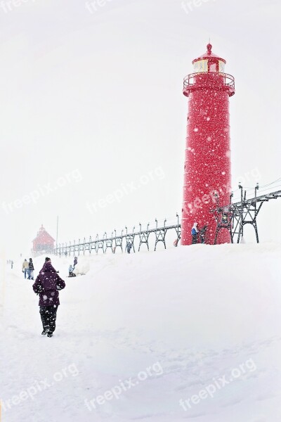 Lighthouse Red Michigan People Winter