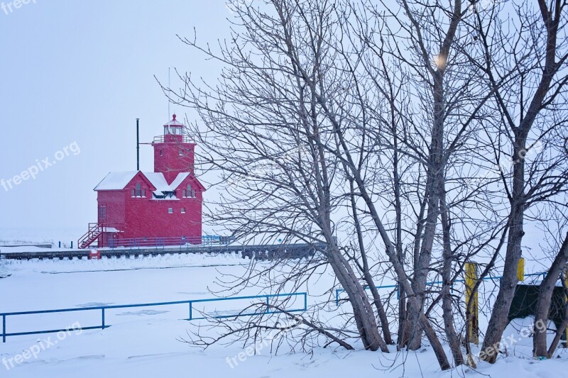 Lighthouse Winter Red Snow Ice