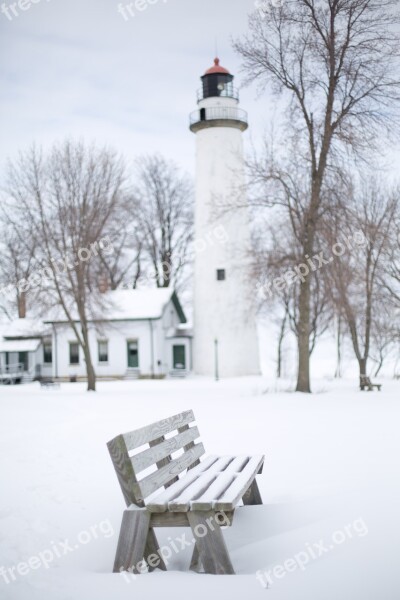 Lighthouse Bench White Winter Snowy