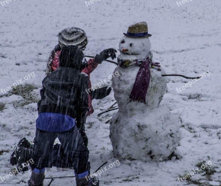 Snowman Snowing Kids Wet Winter