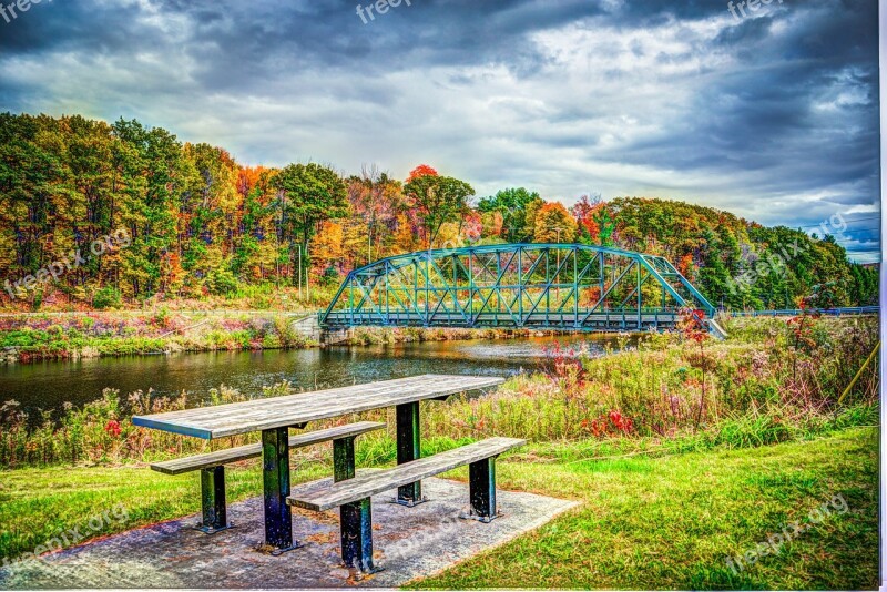 Foliage Bridge Fall Autumn Landscape