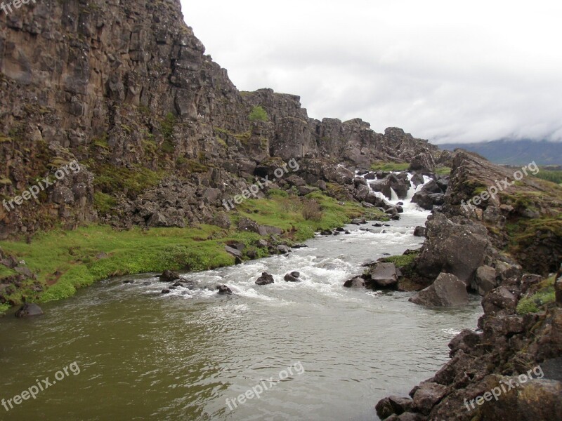 Iceland Stream Mountains Landscape Natural