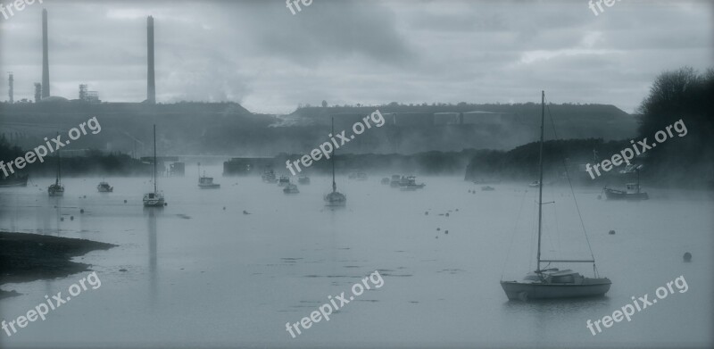 Mist Boats Water Morning Tranquil