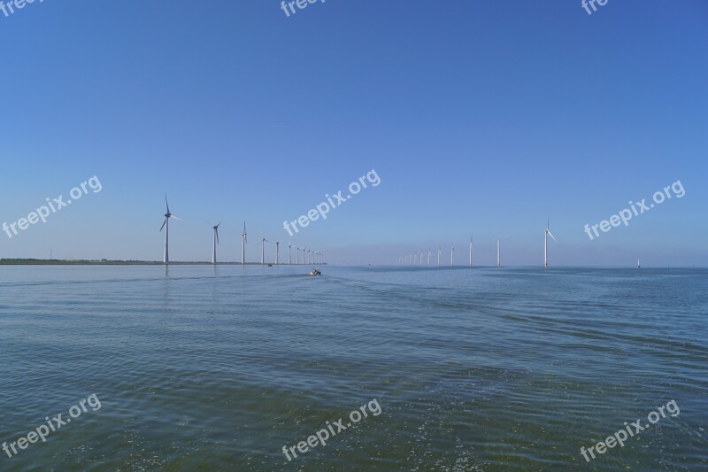 Windmills Ijsselmeer Water Summer Sun