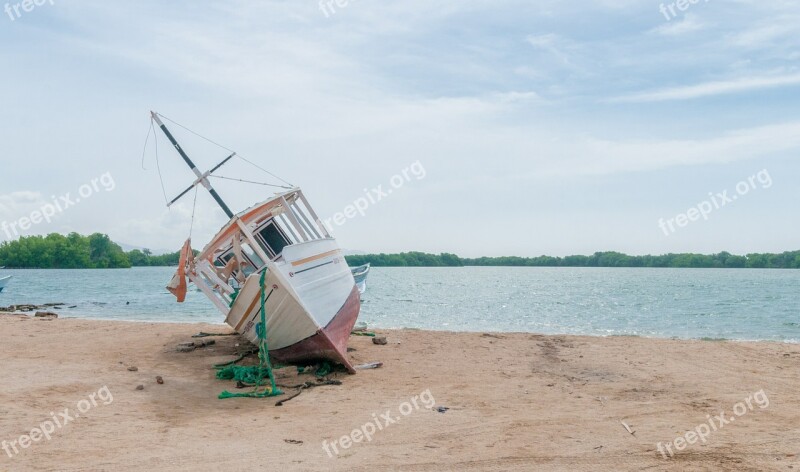 Boat Beached Wreck Water Sand