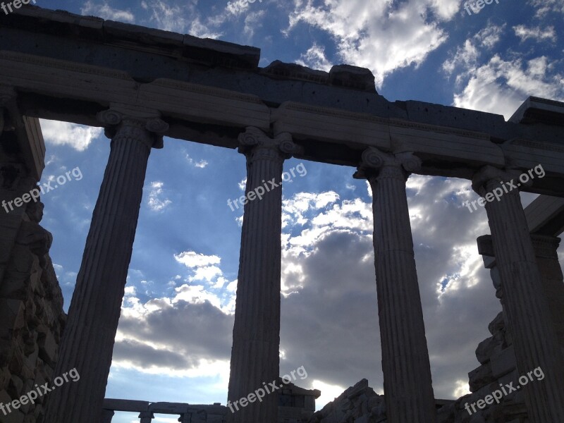 Greece Acropolis Columns Sky Blue