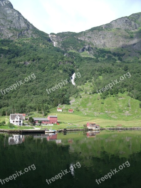 Landscape Houses Green Fiord Reflection