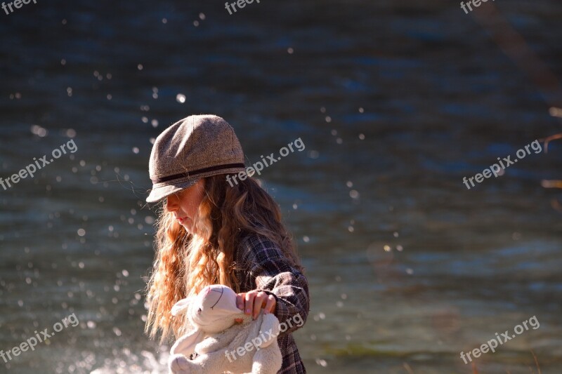 Child Girl Long Hair Water Teddy Bear