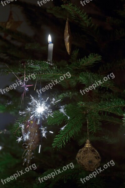 Sparklers Christmas Tree Candles Baubles Darkened Room