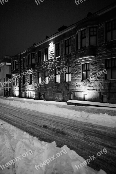 Winter Picture Stone House Twilight Snow Illuminated