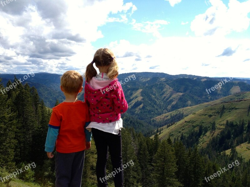 Children Hiking Nature Landscape Mountain Scape