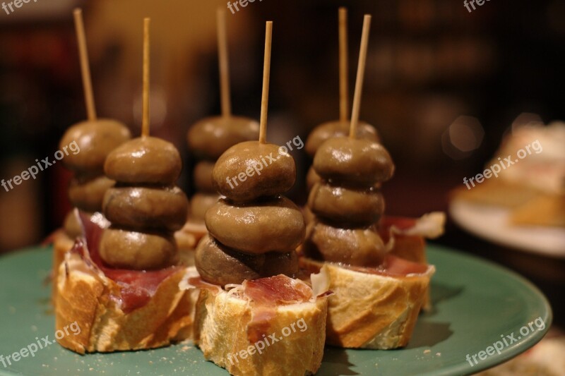 Tapas Skewers Mushroom Ham Gastronomy