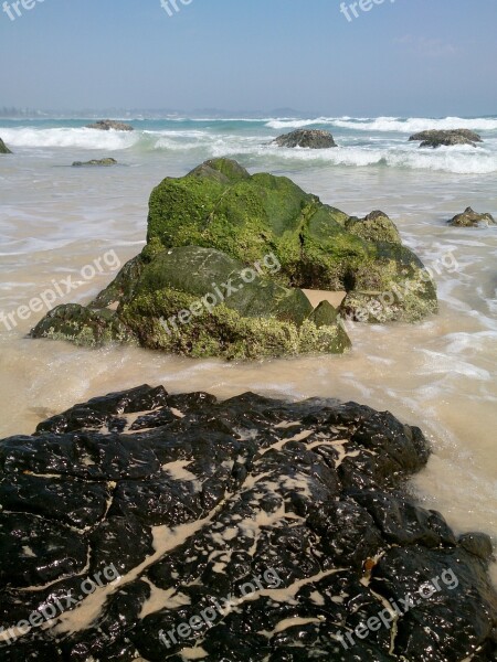 Kirra Beach Rocks Beach Ocean Moss