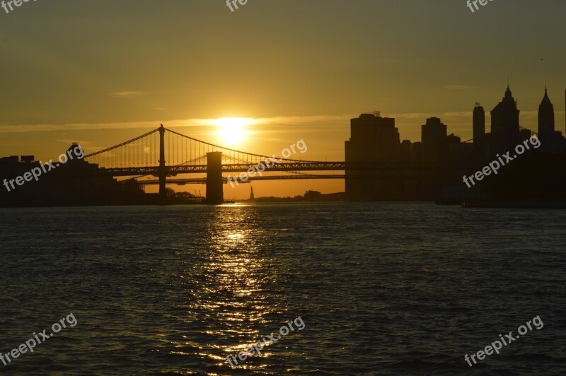 Brooklyn Bridge Sunset Bridge Sea Usa